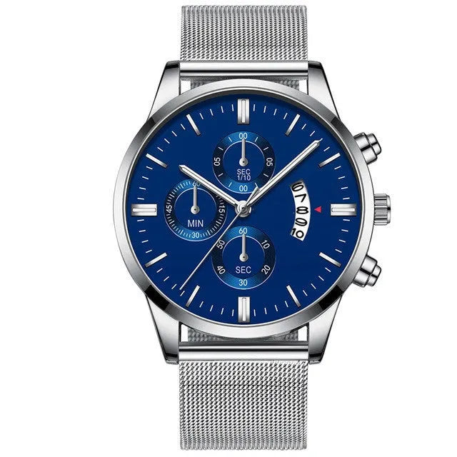 Men's stainless steel mesh band quartz watch showing two-tone colour options on a 4.2cm case.