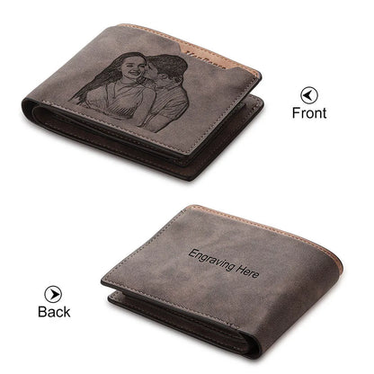 Coffee coloured engraved horizontal short wallet with photo personalisation, showing 120x99x25mm dimensions and 7-slot design