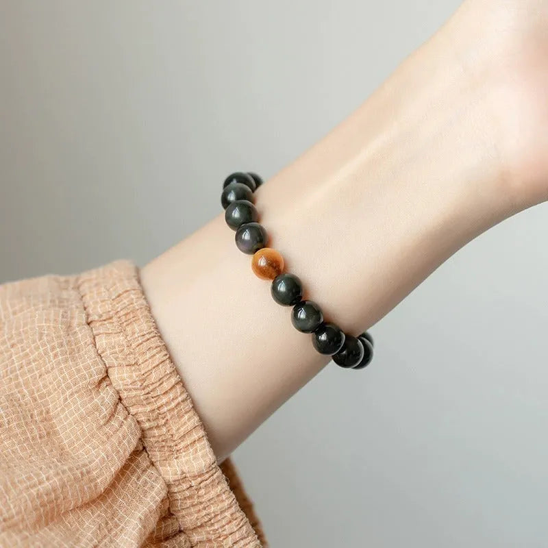Obsidian bracelet with 10mm black stone geometric beads in Korean unisex style