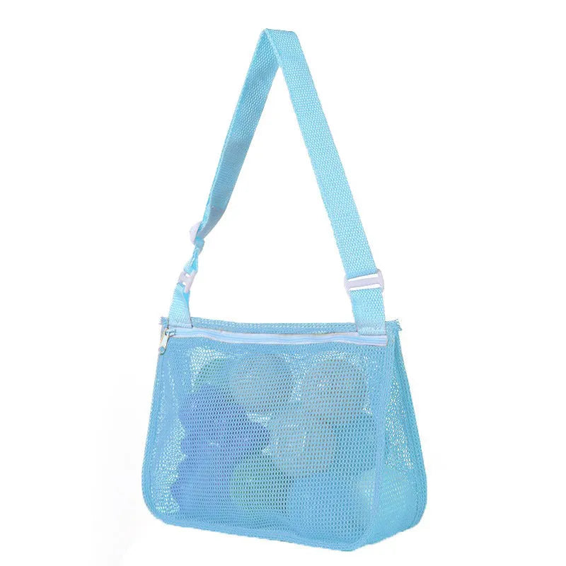 Blue children's travel storage organiser bag with nylon mesh construction and shoulder strap
