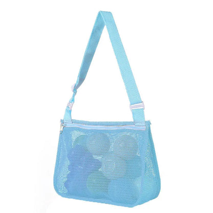 Blue children's travel storage organiser bag with nylon mesh construction and shoulder strap