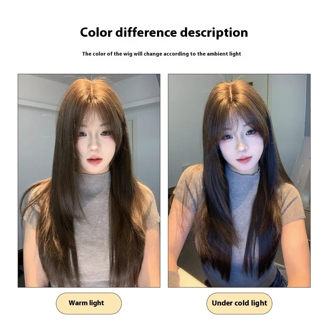 Long straight layered synthetic wig in cold brown colour on a stand.