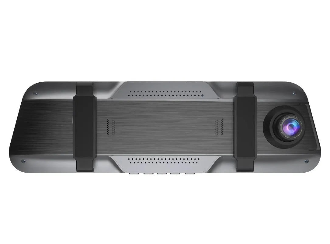 Black 10-inch touchscreen car driving recorder integrated into a rearview mirror design
