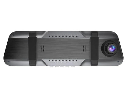 Black 10-inch touchscreen car driving recorder integrated into a rearview mirror design