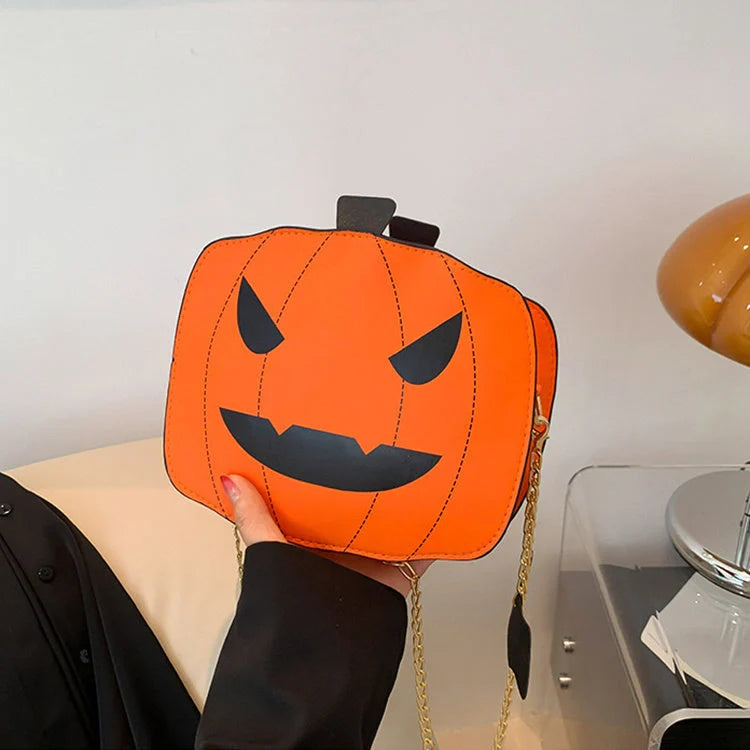 Halloween Cartoon Pumpkin Shoulder Bag in various colors with adjustable chain strap