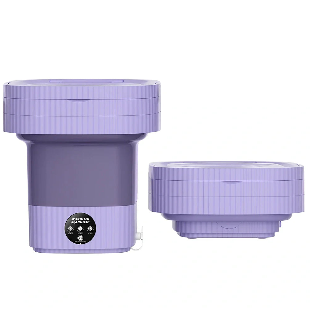 Compact purple folding washing machine with UK plug, measuring 30cm wide with 10L capacity drain basket