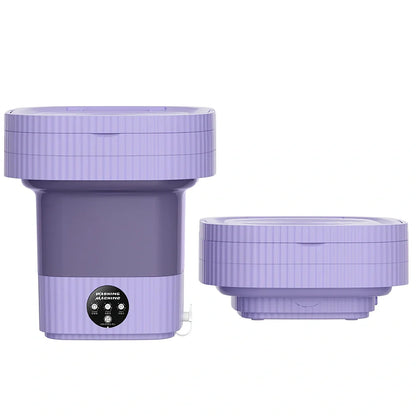 Compact purple folding washing machine with UK plug, measuring 30cm wide with 10L capacity drain basket