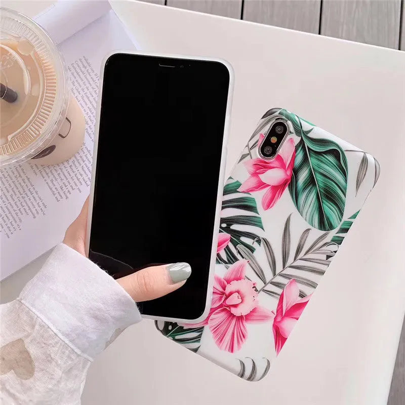 Flower phone case made from flexible TPU material, available in pink floral design to protect iPhone models 6 6S, 6plus 6sp, 7 8, 7plus 8plus, X xs, XR, XS max, 11, 11pro and 11proMax, with a simple back cover style
