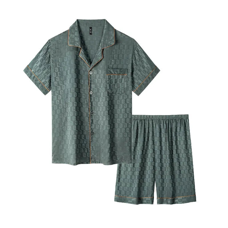 Men's artificial silk pyjama set with cardigan top and short trousers in a satin jacquard pattern.
