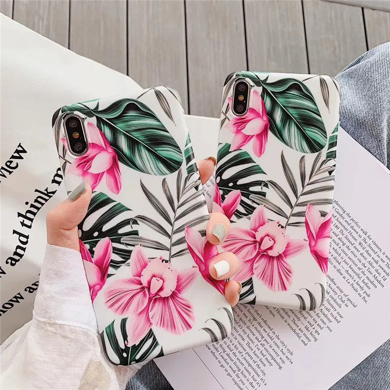 Pink floral design TPU back cover case for multiple iPhone models