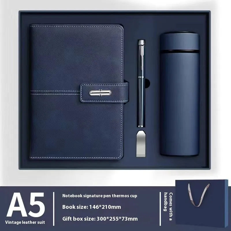 A5 notebook with imitation leather cover in a choice of colours including black, red, green, blue, and orange.