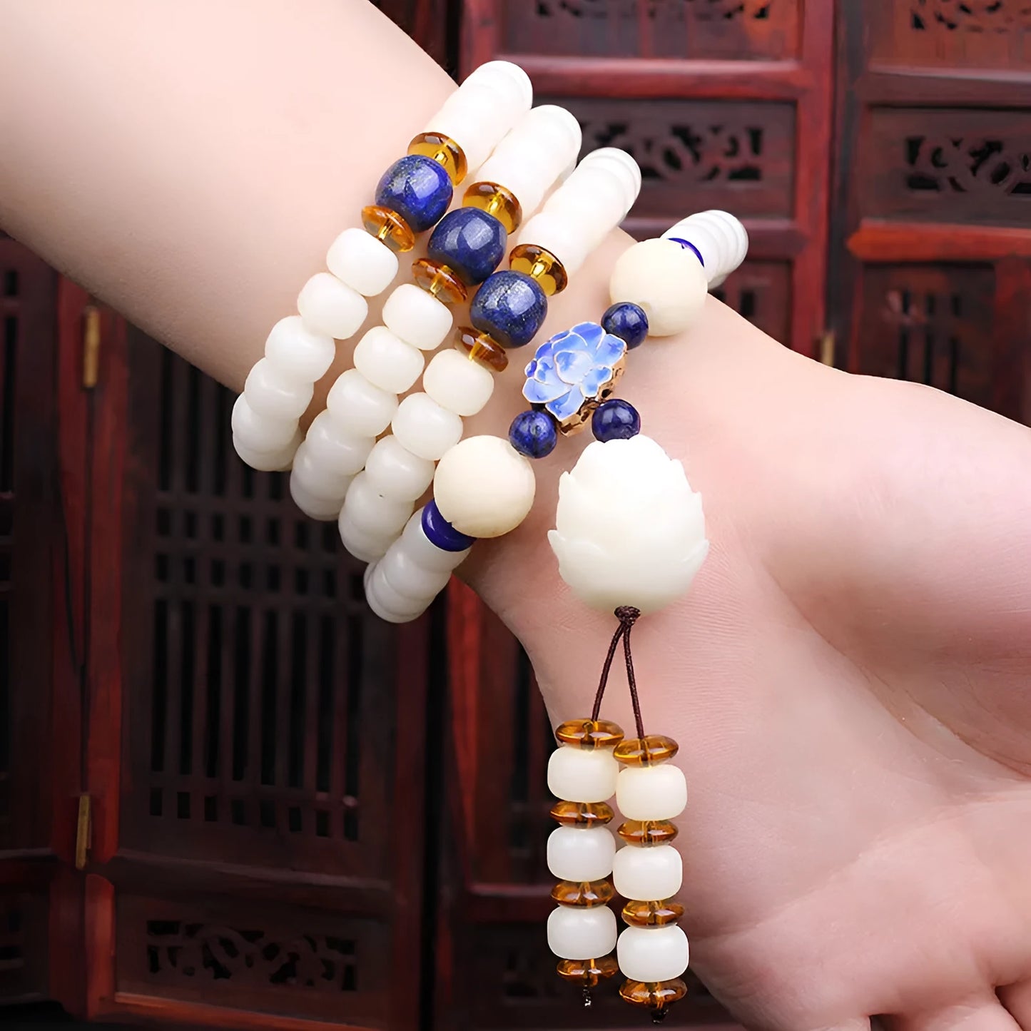 A long white jade Bodhi bead bracelet with 6x8mm beads, shown in various style options including cloisonne and lotus designs.