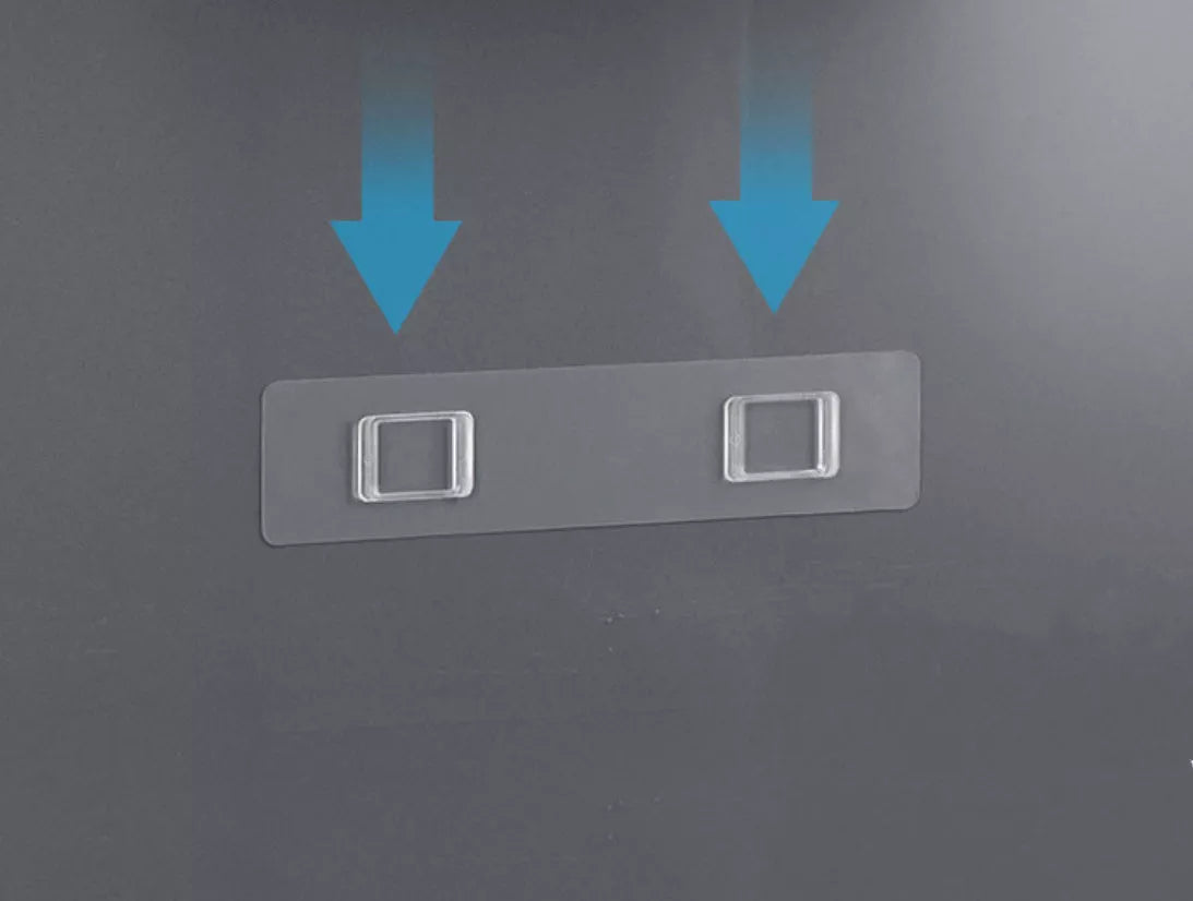 Non-marking hanging magnetic toothbrush holder with toothpaste squeezer in blue and grey