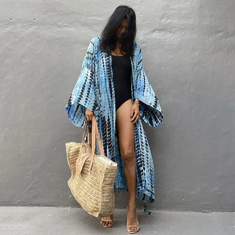 Printed cotton beach cover-up shirt in DN0712 series colours showing loose fit and 135cm length for sun protection