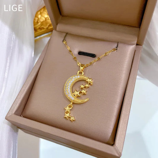 A218 stainless steel necklace with geometric moon pendant featuring copper detailing on an image style chain