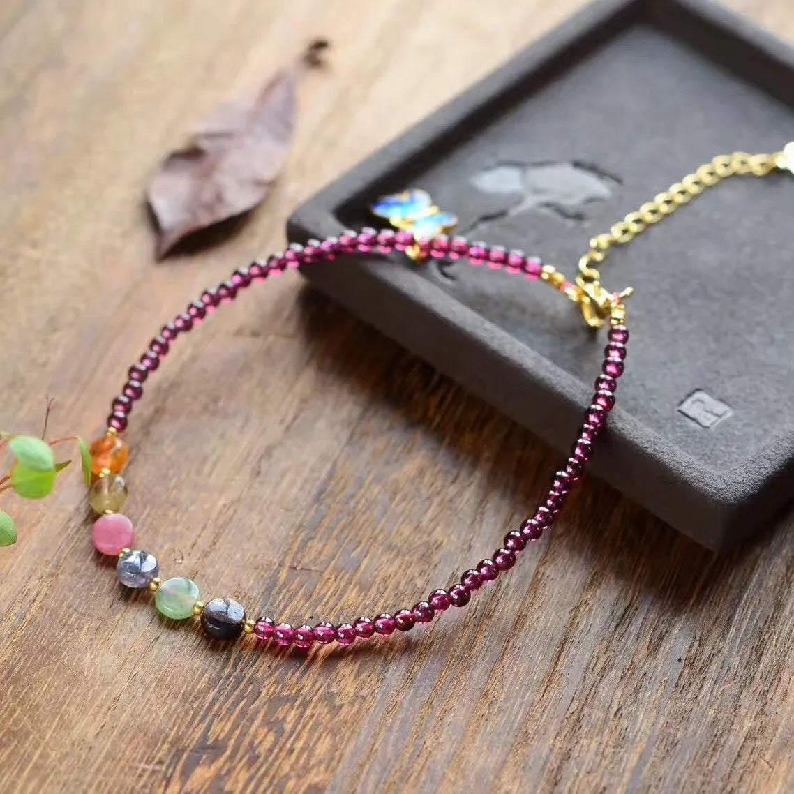 Purple garnet women's anklet with geometric ethnic design and included ankle chain