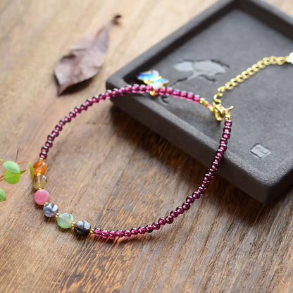 Purple garnet women's anklet with geometric ethnic design and included ankle chain