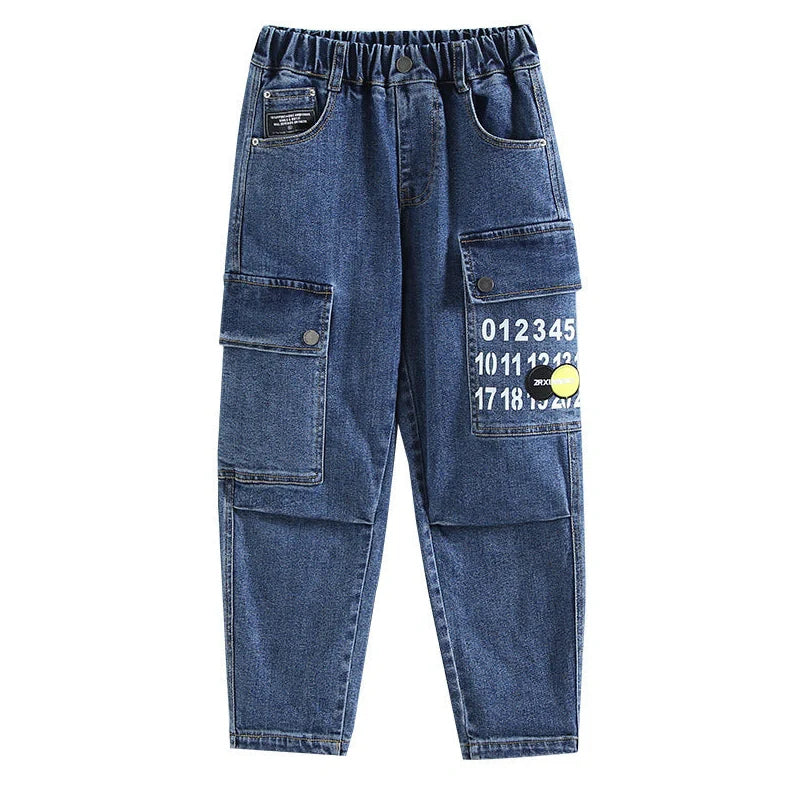 Blue printed fashion girdled jeans for boys with elasticated rubber band waistband and Korean style cut