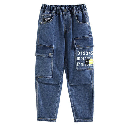 Blue printed fashion girdled jeans for boys with elasticated rubber band waistband and Korean style cut