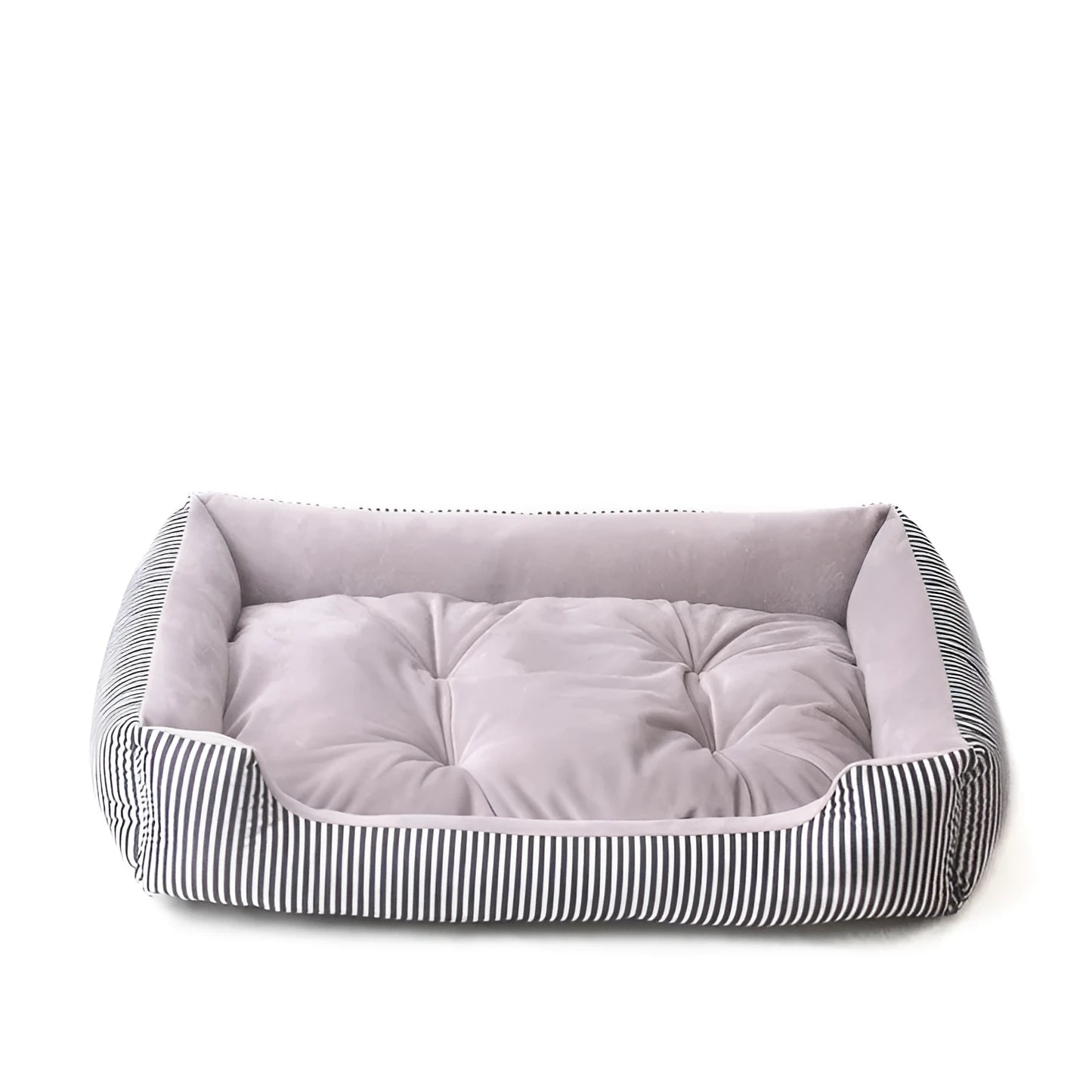 Oval cloth pet bed for dogs or cats in a striped colour pattern, showing its soft cushion shape.