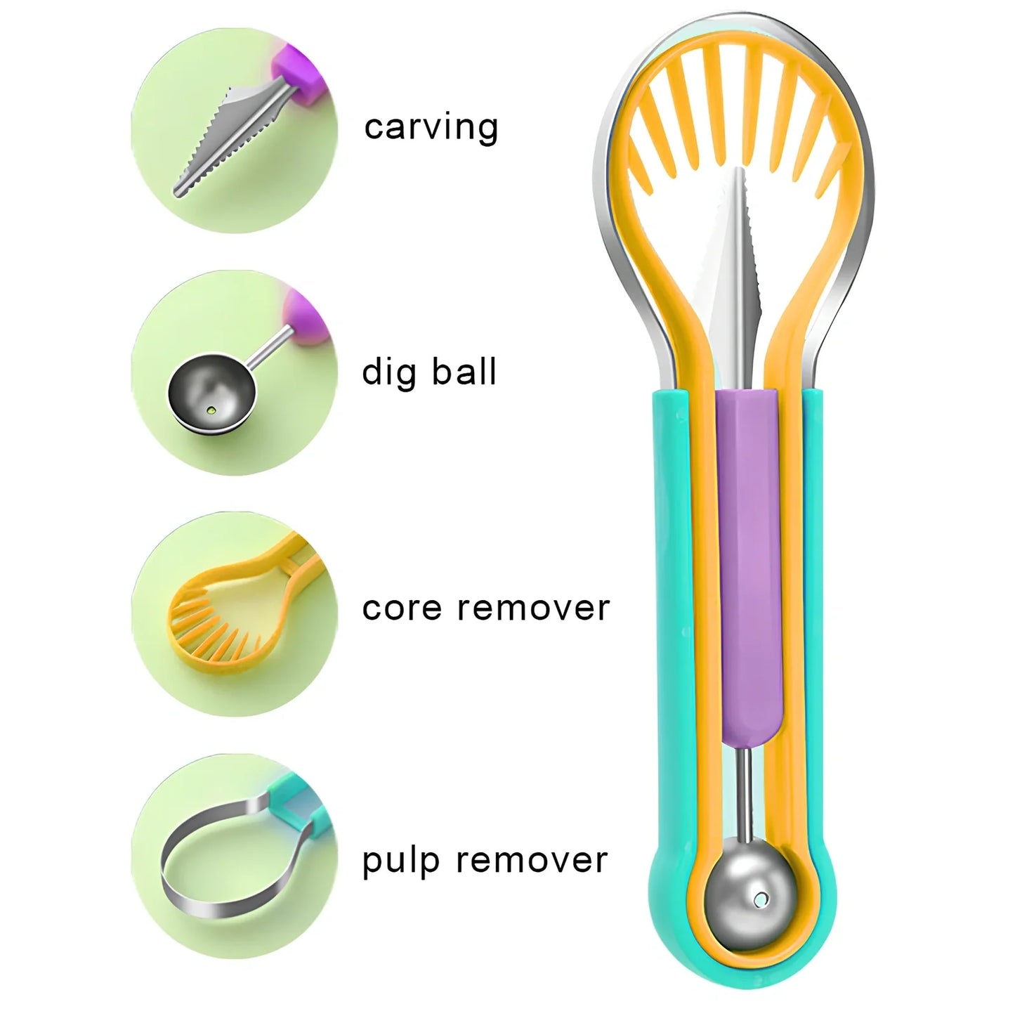 Three nested fruit tools showing V-shaped carver, large scoop and small scoop with PP plastic handles