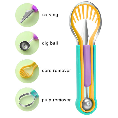 Three nested fruit tools showing V-shaped carver, large scoop and small scoop with PP plastic handles