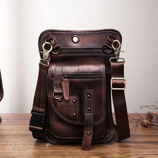 Men's black punk fanny pack with cowhide leather, zipper closure, and internal phone and ID compartments.