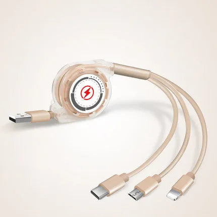 Black telescopic 3-in-1 charging cable extended to full 120cm length, showing three connector tips.