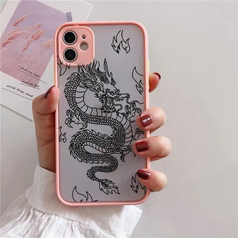Frosted iPhone case with dragon line art in black, showing Chinese-style painted design and TPU PC back cover.