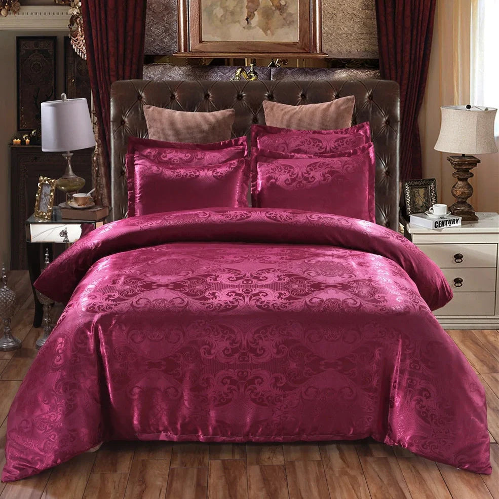 Polyester bedding set with Jacquard weave pattern in multiple colour options showing quilt cover and pillowcases