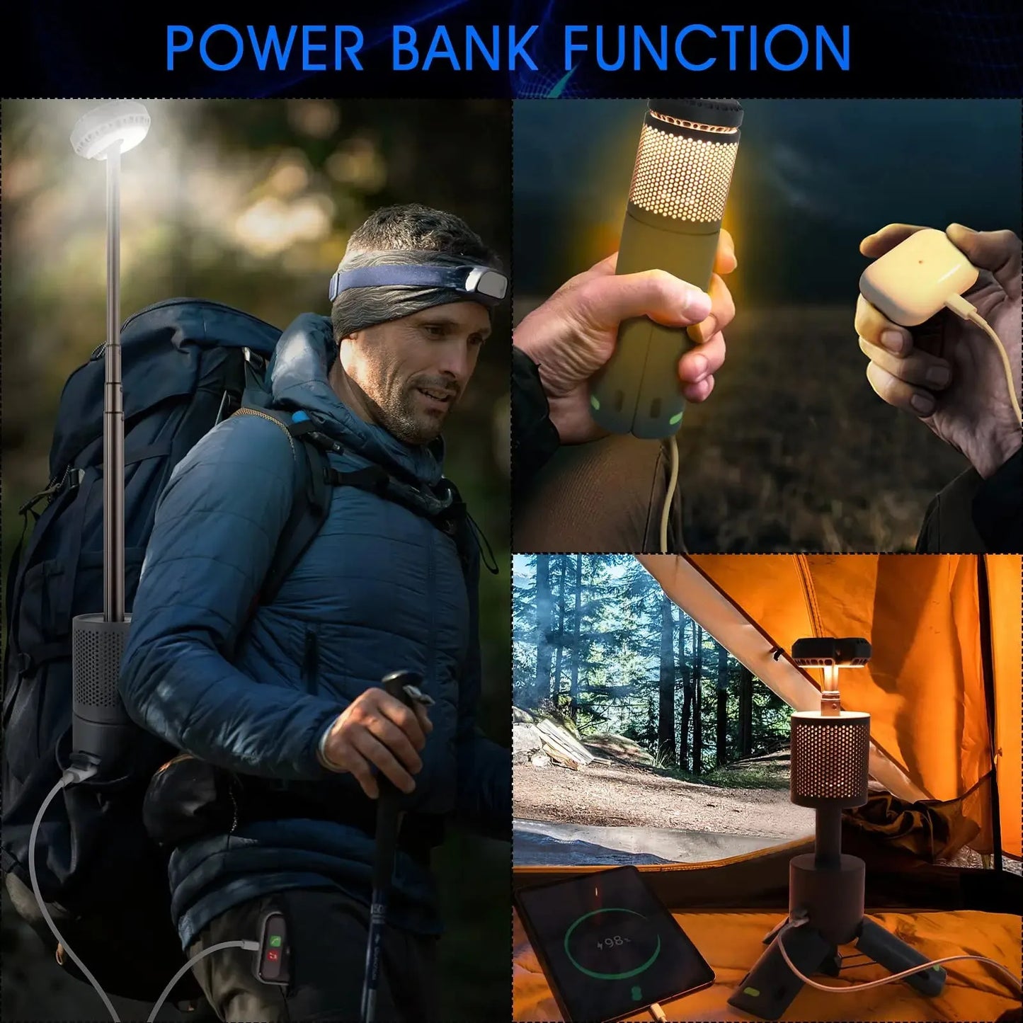 Portable LED camping lantern in off white or dark gray colour with button switch