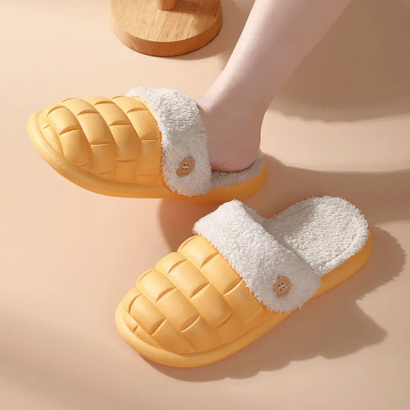 Plaid detachable slippers with EVA sole and plush lining in pink, green, yellow, white, grey, or black