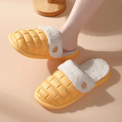Plaid detachable slippers with EVA sole and plush lining in pink, green, yellow, white, grey, or black
