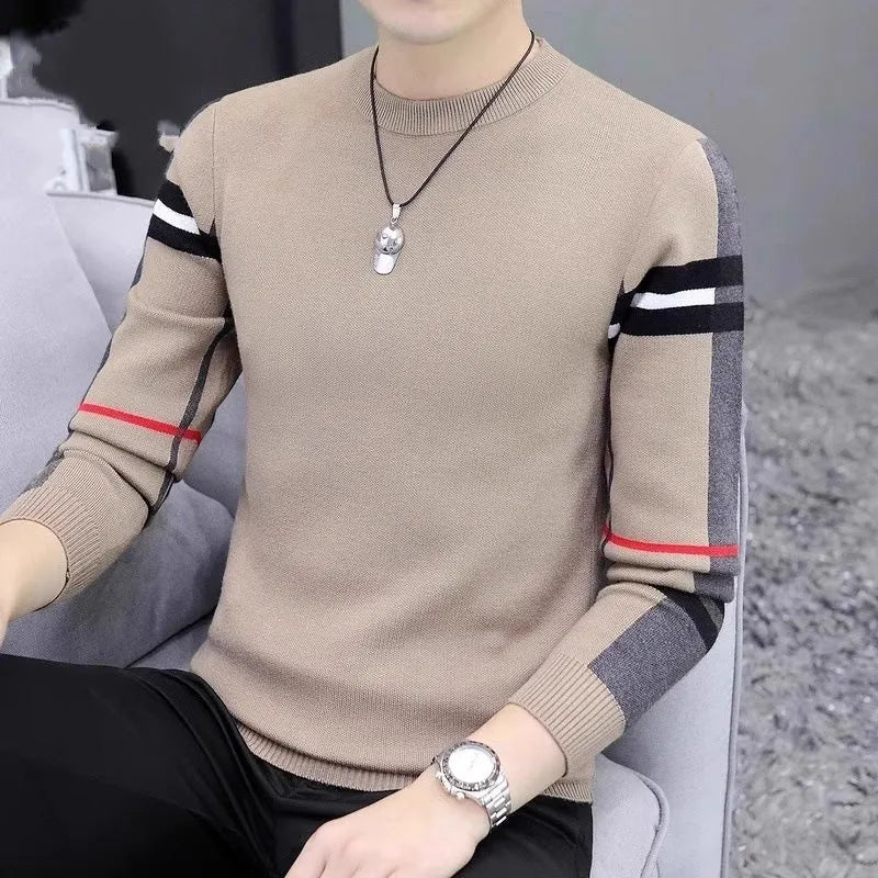 Men's slim-fit round neck pullover sweater in extra coarse wool with contrast colours, available in black, khaki, and apricot.