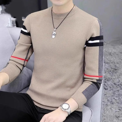 Men's slim-fit round neck pullover sweater in extra coarse wool with contrast colours, available in black, khaki, and apricot.