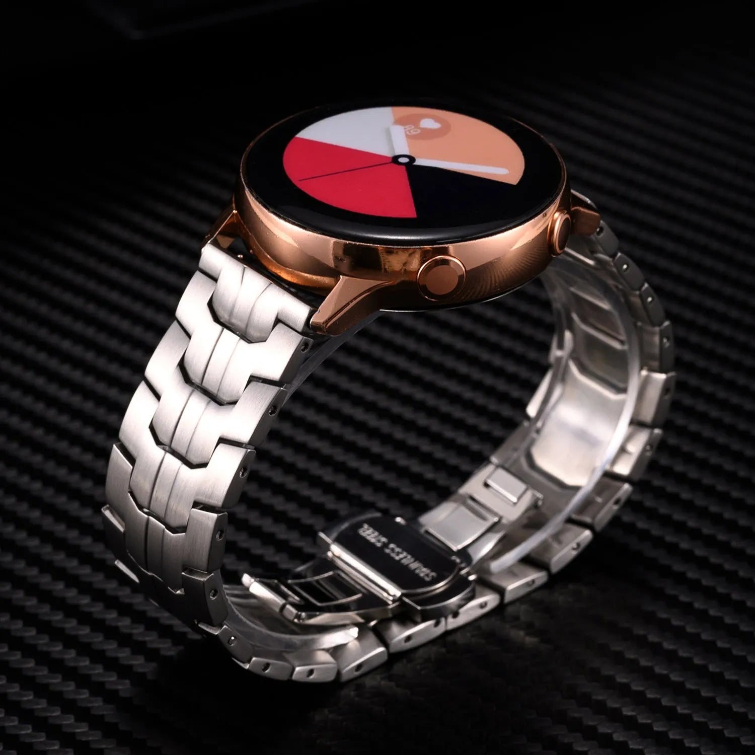 Stainless steel watch band for Samsung Galaxy Watch in multiple colour options on a grey background.