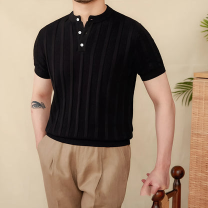 Men's beige cotton short-sleeve T-shirt with a Henry collar and a subtle sunken stripe knitted pattern.