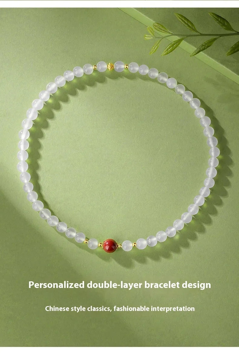 White agate double layer women's bracelet with 6mm geometrical beads and polished finish