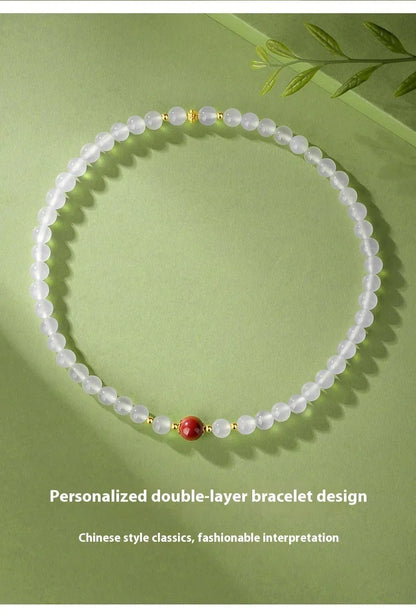 White agate double layer women's bracelet with 6mm geometrical beads and polished finish