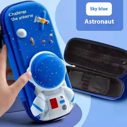 Leather 3D pencil case showing design themes: dinosaur, astronaut, mermaid, unicorn, and spaceship.