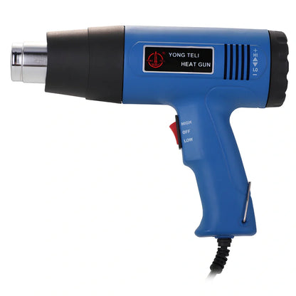 Industrial heat gun with temperature dial showing 300-500°C range, measuring 260mm long with gun mouth attachment