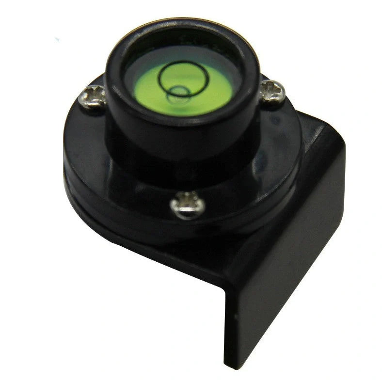 Black plastic flange level tower ruler with 28x32mm dimensions and integrated level indicator