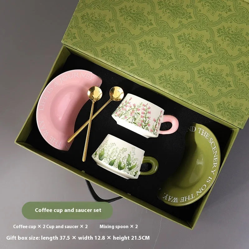 Ceramic coffee cup and saucer set with 300ml capacity, includes two cups, two saucers, two spoons