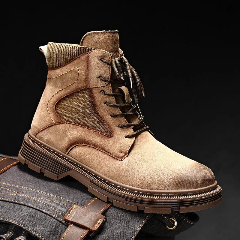 Men's vintage-style Martin boots with frosted microfiber leather upper and 1-3cm thick heel in black, sand, or grey