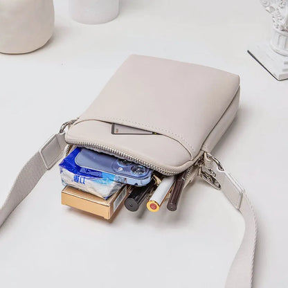 Solid colour mobile phone bag with adjustable strap showing 14.5x5.5x19cm dimensions and PU material construction