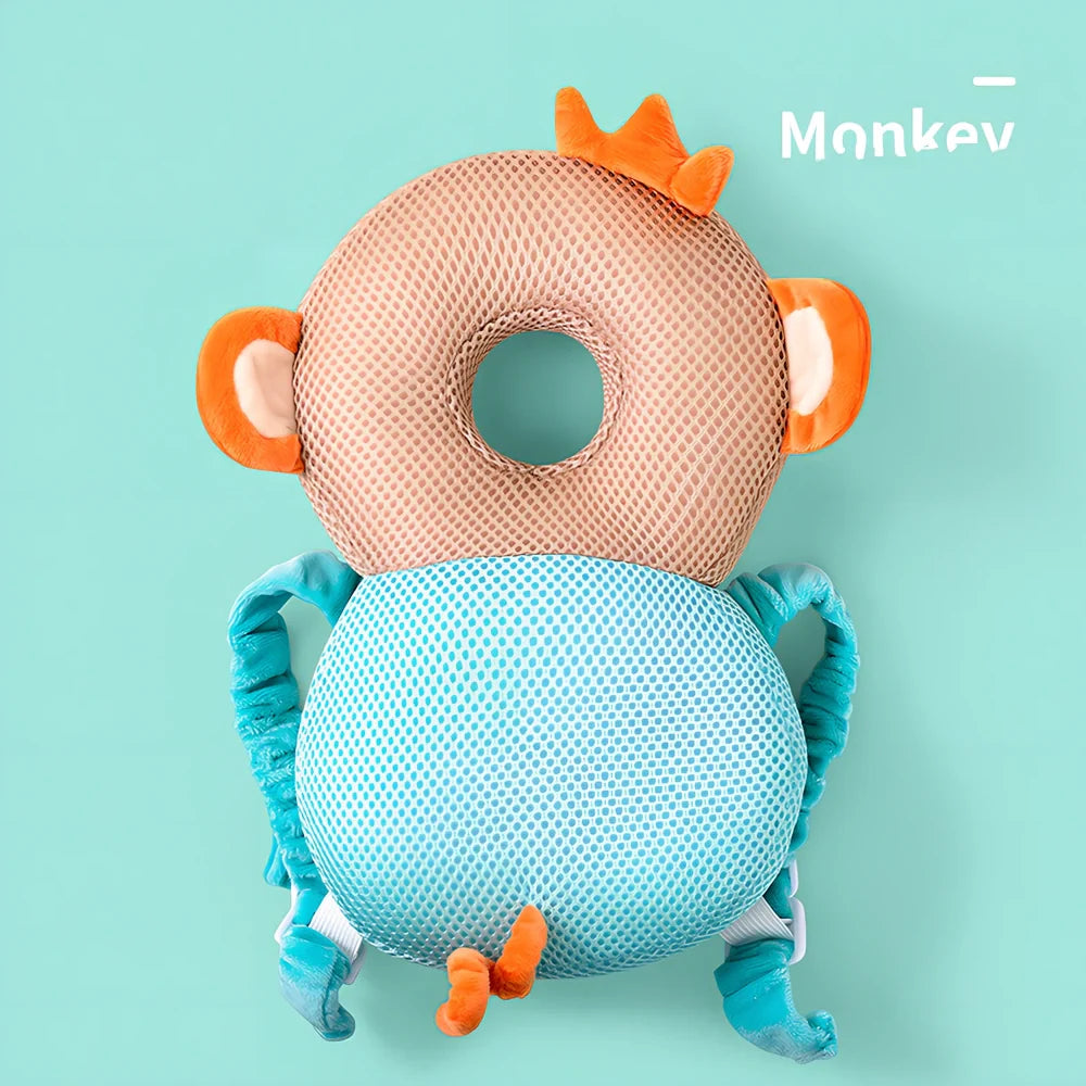 Toddler head protection pad with animal character design showing 33cm by 19cm dimensions