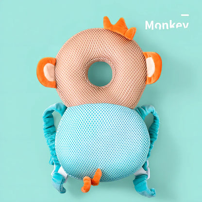 Toddler head protection pad with animal character design showing 33cm by 19cm dimensions