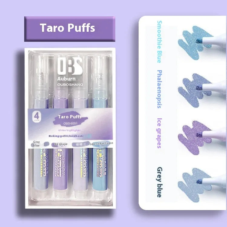Sparkling Star River Highlighter set with 4mm slanted tip and glitter ink in six shades including taro puff and mung bean smoothie.