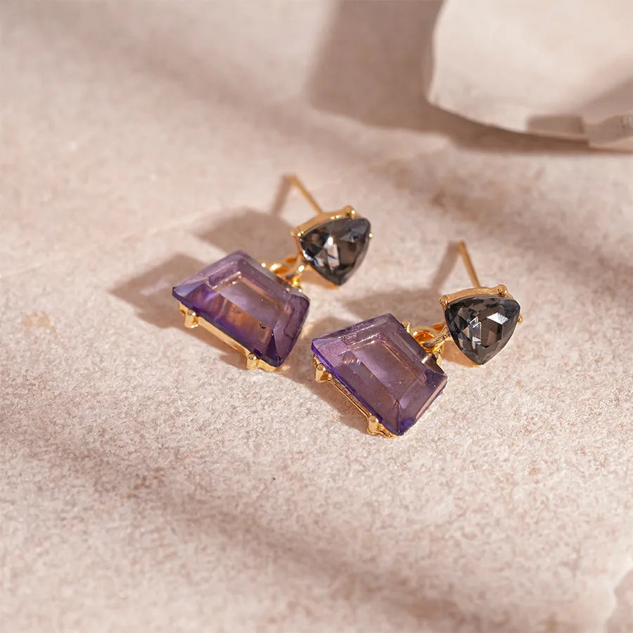 Geometric stud earrings for women in alloy with electroplated gold tone and steel needle, shown in four colour options.