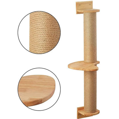 Wooden cat climbing frame with wall-mounted jumping platform and flax grab post in natural wood colour